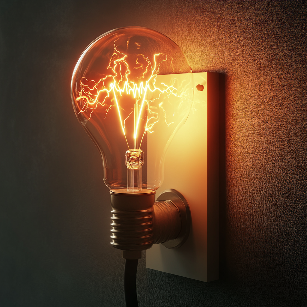 Bombilla incandescente enchufada en una pared, emitiendo energía con chispas visibles y luz cálida
