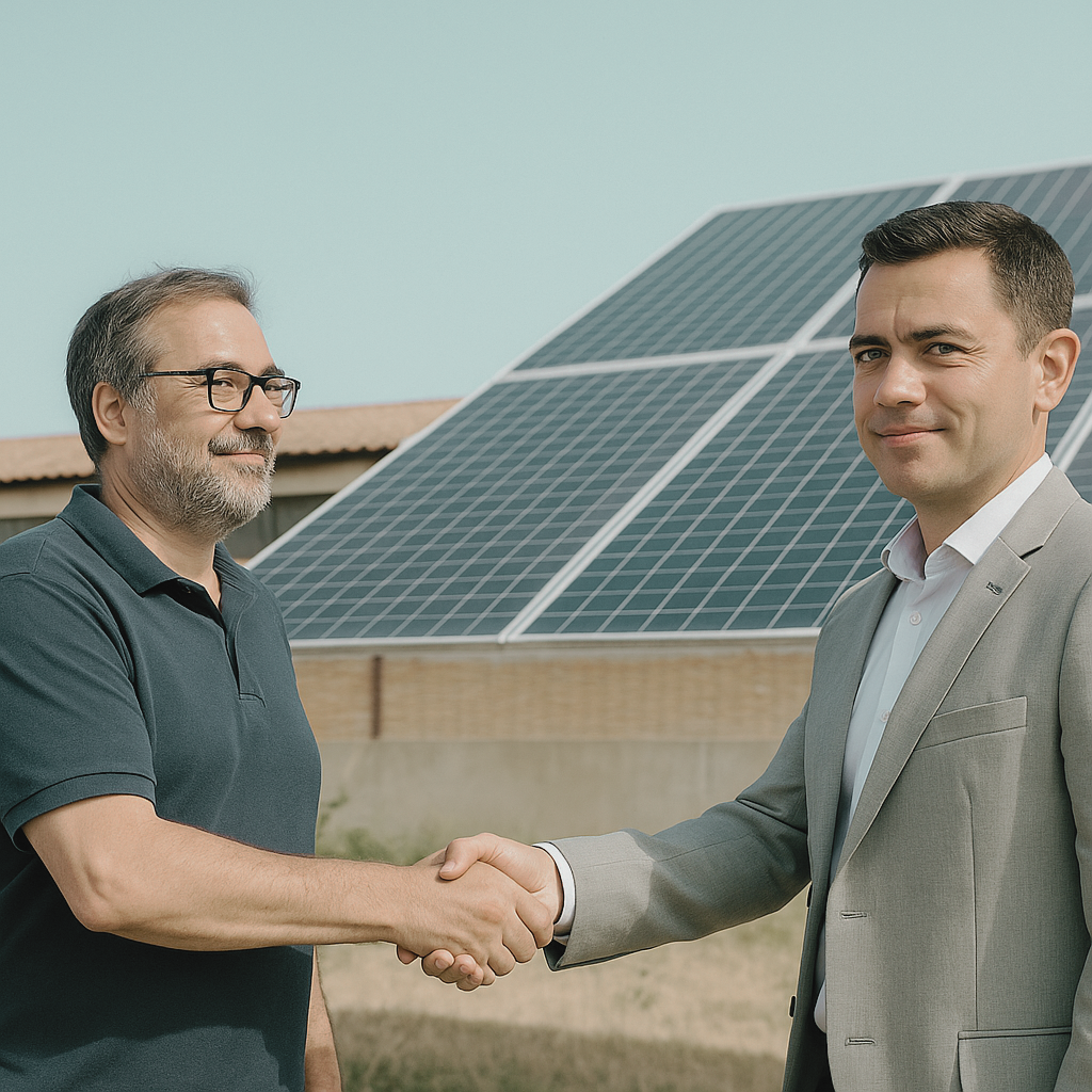 Javier y nuestro equipo sellando un cambio que transformó su negocio: menos costes, más energía propia.