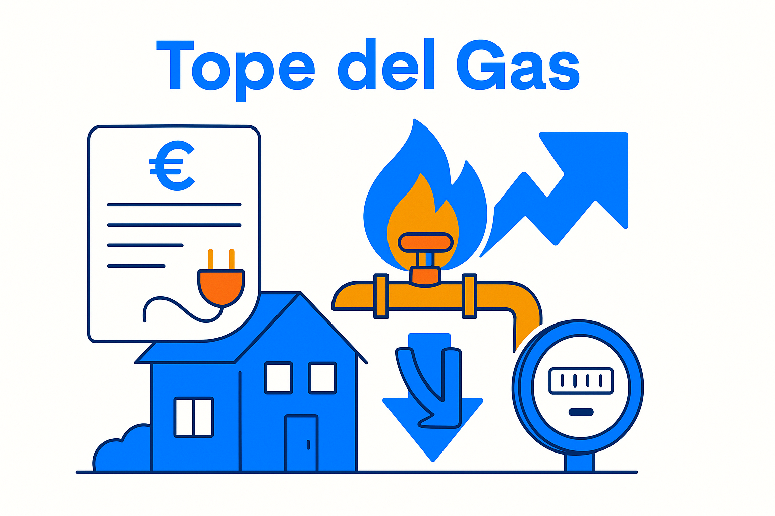 Ilustración flat de una casa, contador, factura y tubería con llama y flechas opuestas que simbolizan el tope del gas y su efecto en el precio de la luz (≤125 car.)