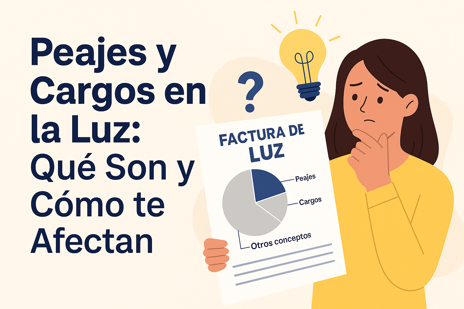 Mujer pensativa sostiene una factura de luz con gráfico circular, destacando los conceptos de peajes y cargos, junto a una bombilla encendida y un signo de interrogación.