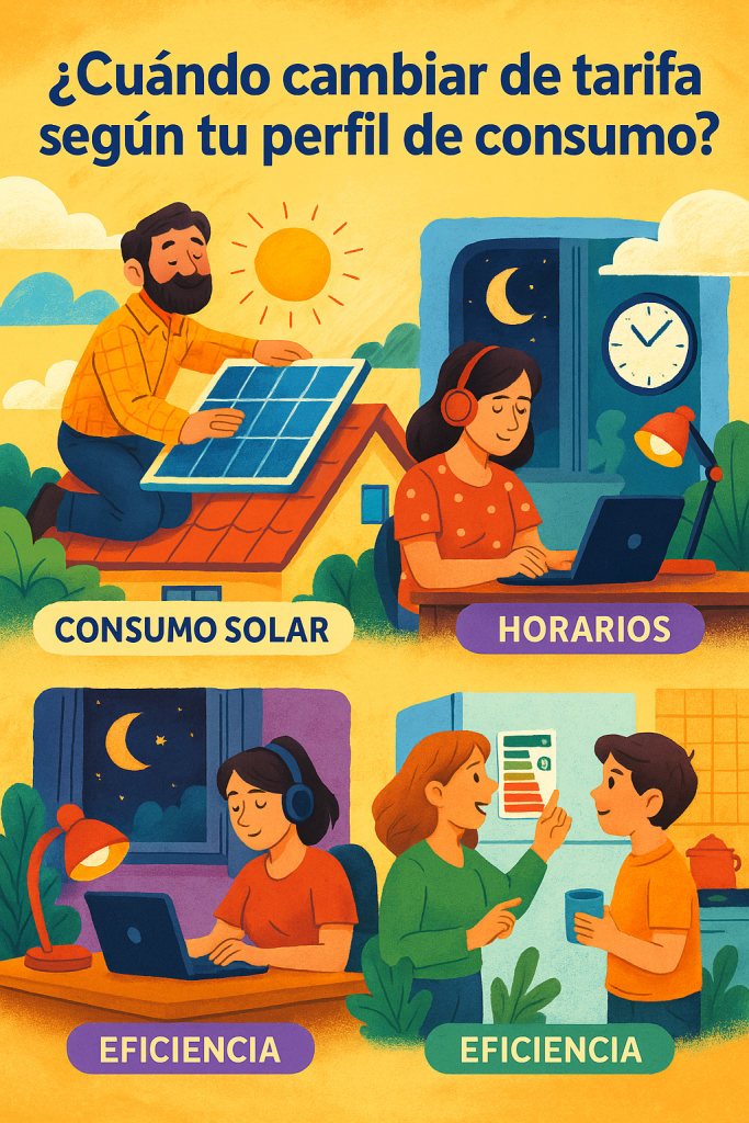 Ilustración digital colorida que muestra tres escenas sobre cuándo cambiar de tarifa eléctrica según el perfil de consumo: un hombre instala paneles solares en el techo de su casa, una mujer trabaja de noche frente a su computadora, y una familia revisa el consumo energético de su refrigerador. Fondo con nubes, árboles y colores vivos que transmiten dinamismo y claridad visual.