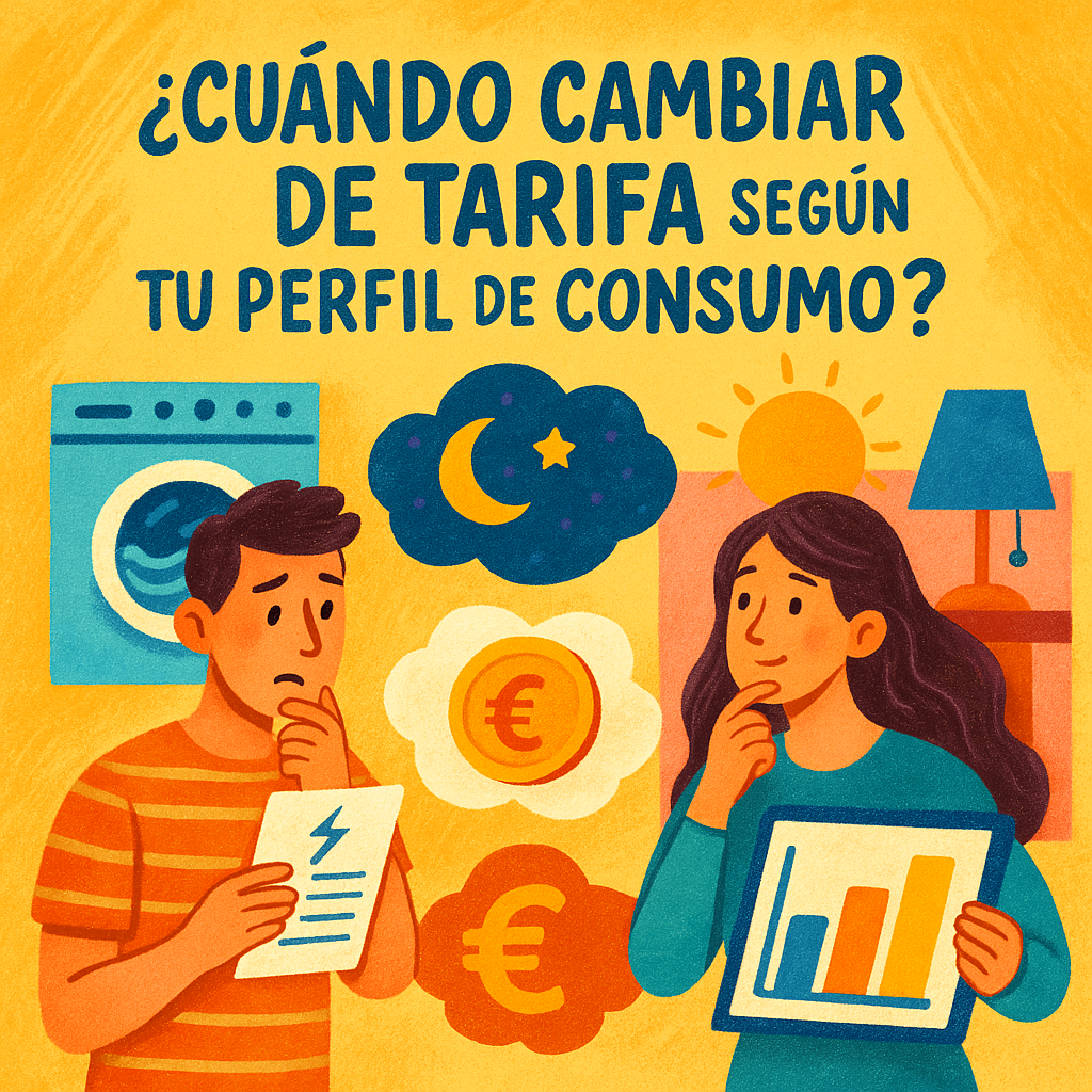 Ilustración colorida de una mujer y un hombre analizando gráficos de consumo eléctrico con iconos de sol, luna y euros, representando hábitos y tarifas.
