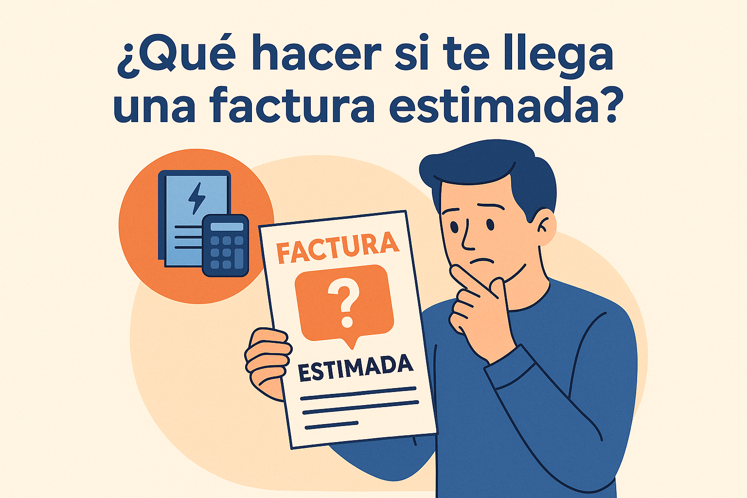 Hombre confundido revisando una factura estimada de electricidad, con íconos de energía y una expresión de duda.
