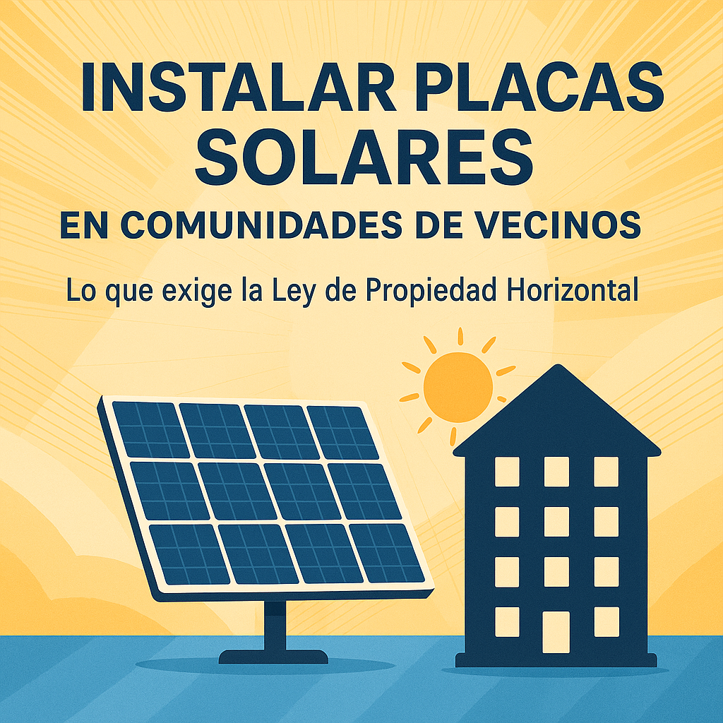 Ilustración de paneles solares junto a un edificio con sol de fondo, representando la instalación de placas solares en comunidades de vecinos.