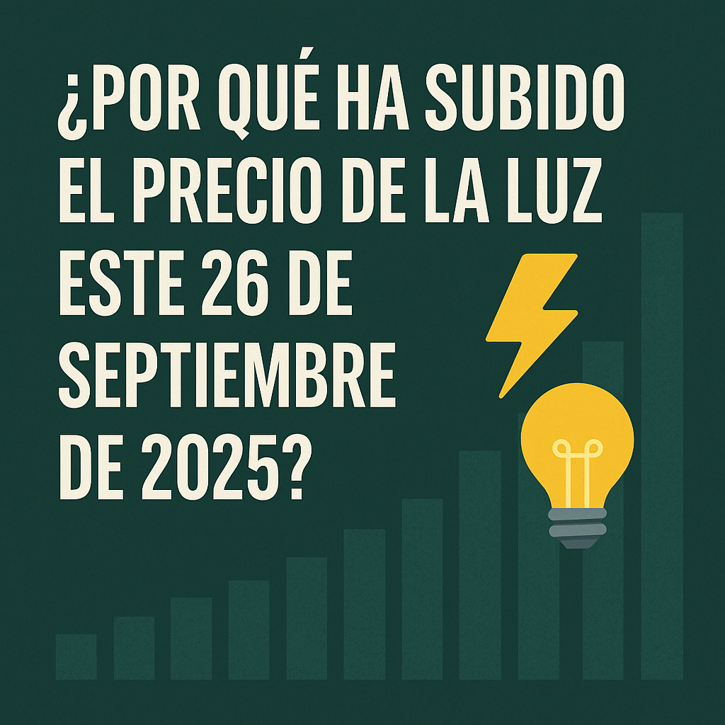 Gráfico informativo en español con el texto '¿Por qué ha subido el precio de la luz este 26 de septiembre de 2025?' acompañado de un icono de bombilla y un rayo, sobre fondo verde con barras ascendentes.