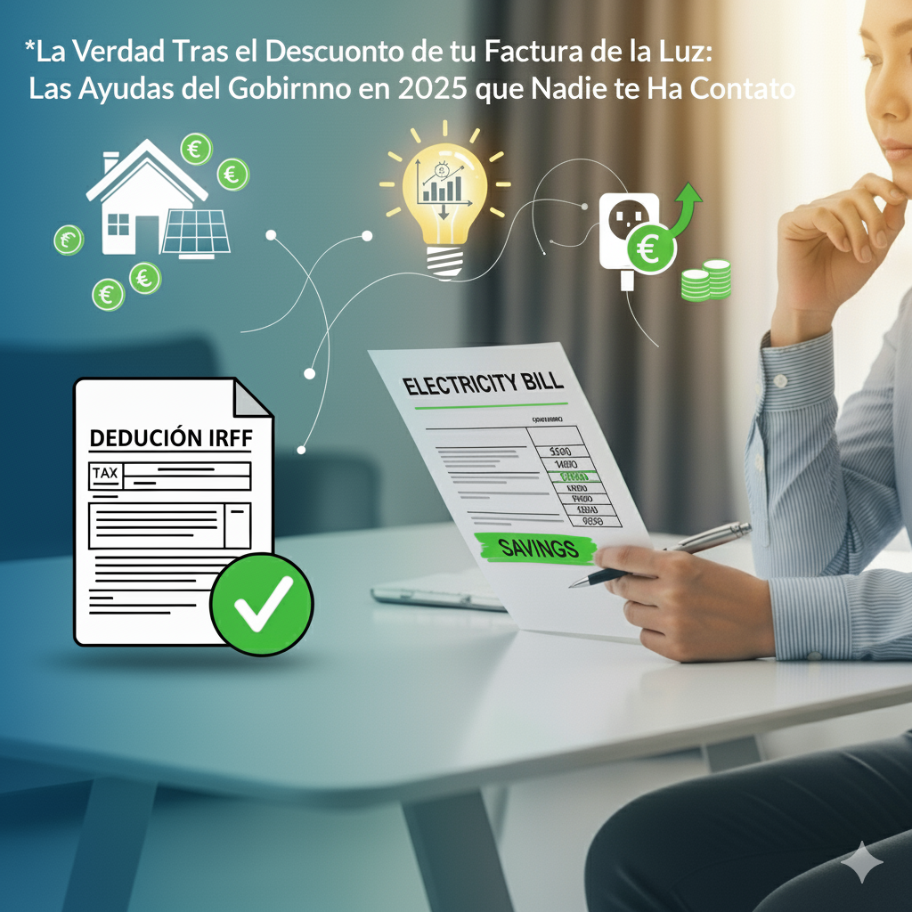Mujer analizando factura de electricidad junto a iconos de ahorro energético: casa con paneles solares, bombilla con gráfico de reducción de consumo, enchufe con euros y documento de deducción de IRPF con marca de verificación. La escena simboliza la gestión del ahorro y las ayudas gubernamentales para la eficiencia energética en el hogar hasta 2025, ideal para artículos sobre el Bono Social y las deducciones fiscales.