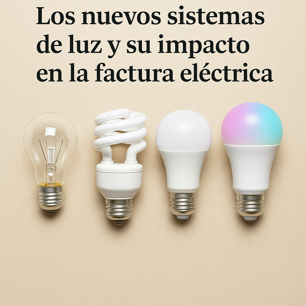 Comparación de bombillas incandescentes, fluorescentes, LED y LED inteligente sobre fondo neutro para ilustrar los diferentes sistemas de iluminación en hogares españoles.
