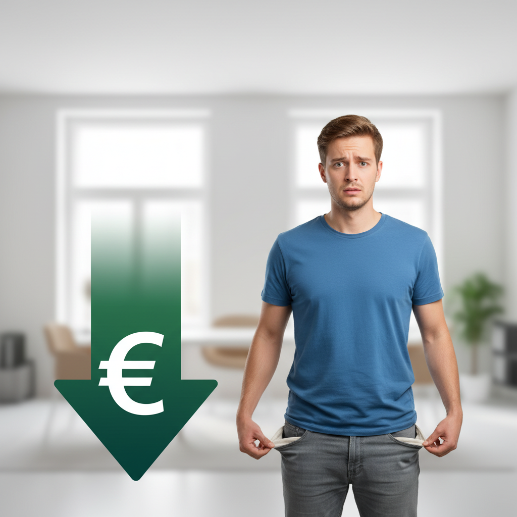 Hombre joven sin dinero junto a flecha verde hacia abajo y símbolo del euro representando la bajada de la factura de la luz en 2026