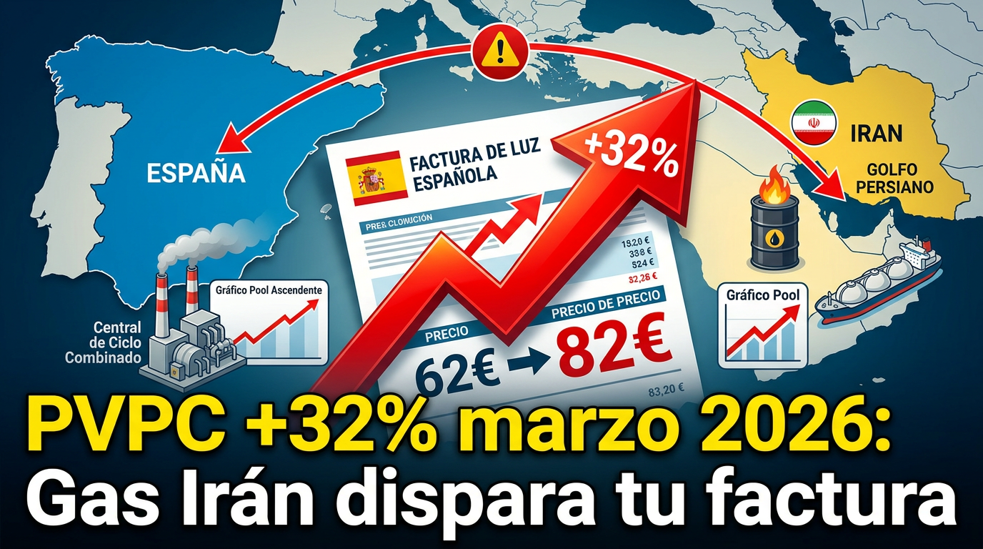 Portada PVPC sube 32% marzo 2026 de 62€ a 82€ por gas caro conflicto Irán EEUU Israel - Conectados Consulting explica impacto en facturas luz España