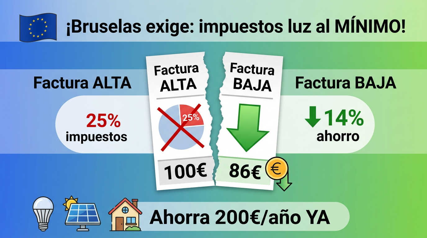nfografía portada blog: Bruselas ordena bajar impuestos luz España 2026. Muestra factura rasgada: 25% impuestos tachados (100€→86€, -14% ahorro). Iconos bombilla, panel solar y bandera UE sobre fondo azul-verde